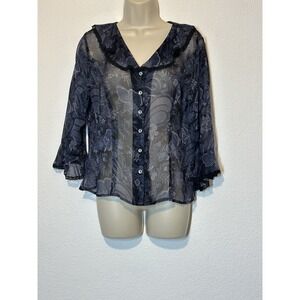 Vtg 90 Y2K Tess 100% Silk Floral Ruffle Sheer Top M Dark Romantic Dainty Coquett
